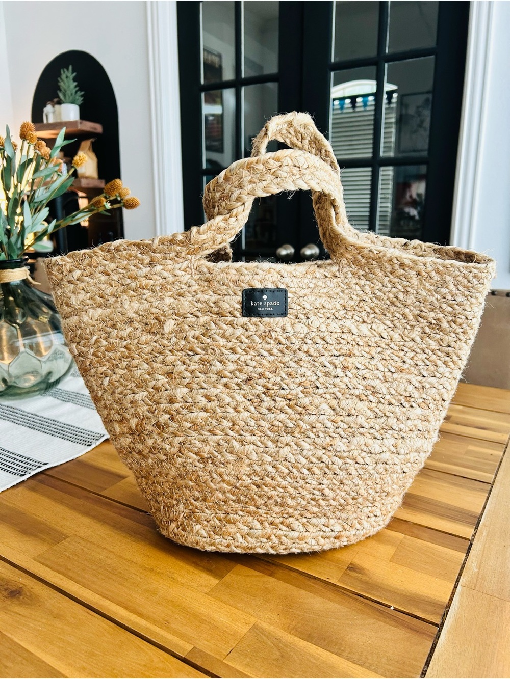 Kate Spade natural jute rope woven tote in beige